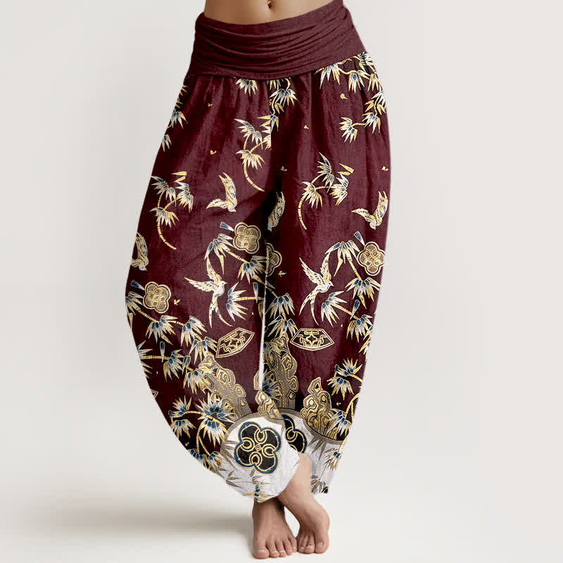 Buddha Stones Pantaloni harem da donna in cotone con motivo a uccelli e bambù, a vita alta elasticizzata. - Marrone - US16, UK/AU20, EU48 (3XL) - image 8