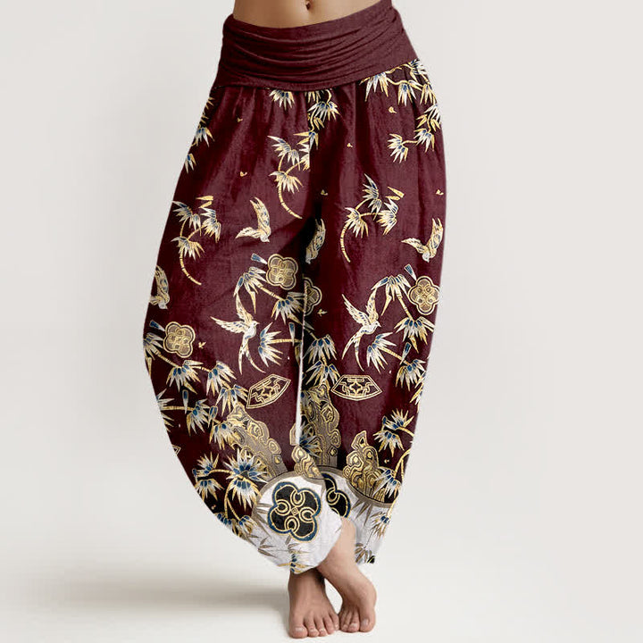 Buddha Stones Pantaloni harem da donna in cotone con motivo a uccelli e bambù, a vita alta elasticizzata. - Marrone - US16, UK/AU20, EU48 (3XL) - image 8
