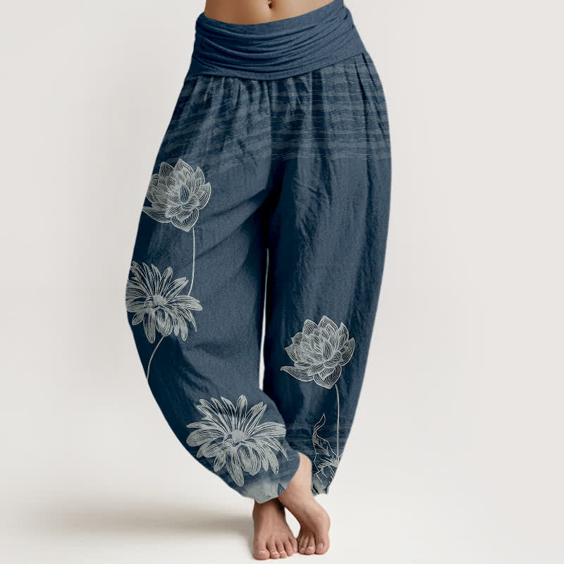 Buddha Stones Pantaloni harem da donna in cotone a vita alta modello Lotus - Blu scuro - US16, UK/AU20, EU48 (3XL) - image 0