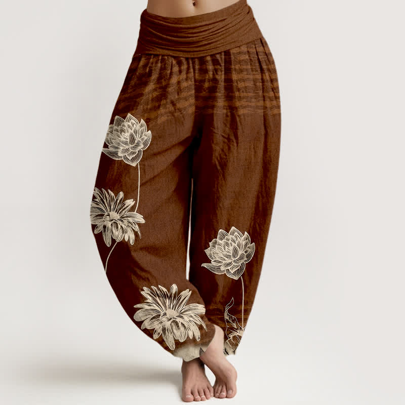Buddha Stones Pantaloni harem da donna in cotone a vita alta modello Lotus - Marrone sella - US16, UK/AU20, EU48 (3XL) - image 5