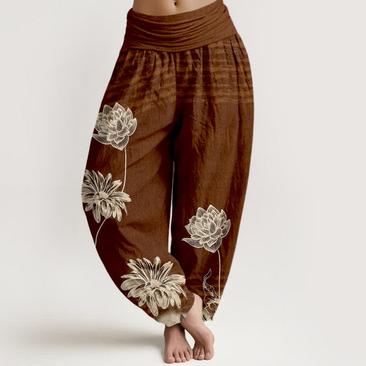 Buddha Stones Pantaloni harem da donna in cotone a vita alta modello Lotus - Marrone sella - US16, UK/AU20, EU48 (3XL) - image 5