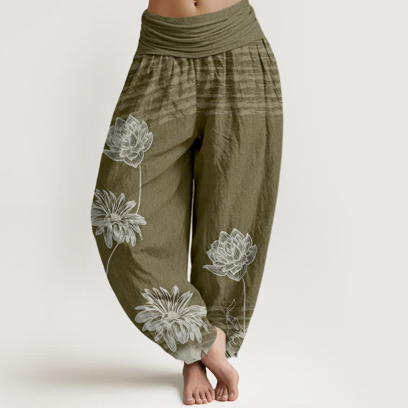 Buddha Stones Pantaloni harem da donna in cotone a vita alta modello Lotus - Oliva - US16, UK/AU20, EU48 (3XL) - image 8
