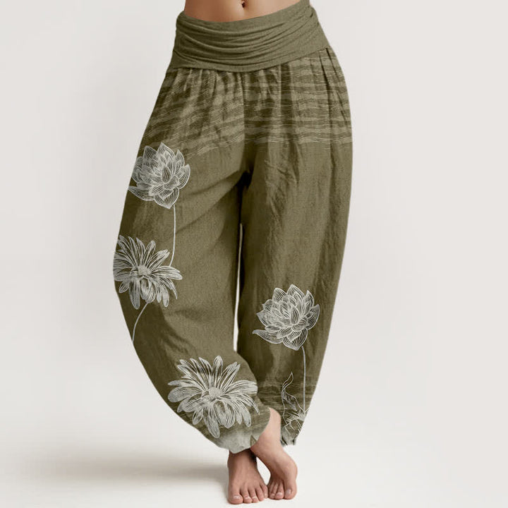 Buddha Stones Pantaloni harem da donna in cotone a vita alta modello Lotus - Oliva - US16, UK/AU20, EU48 (3XL) - image 8