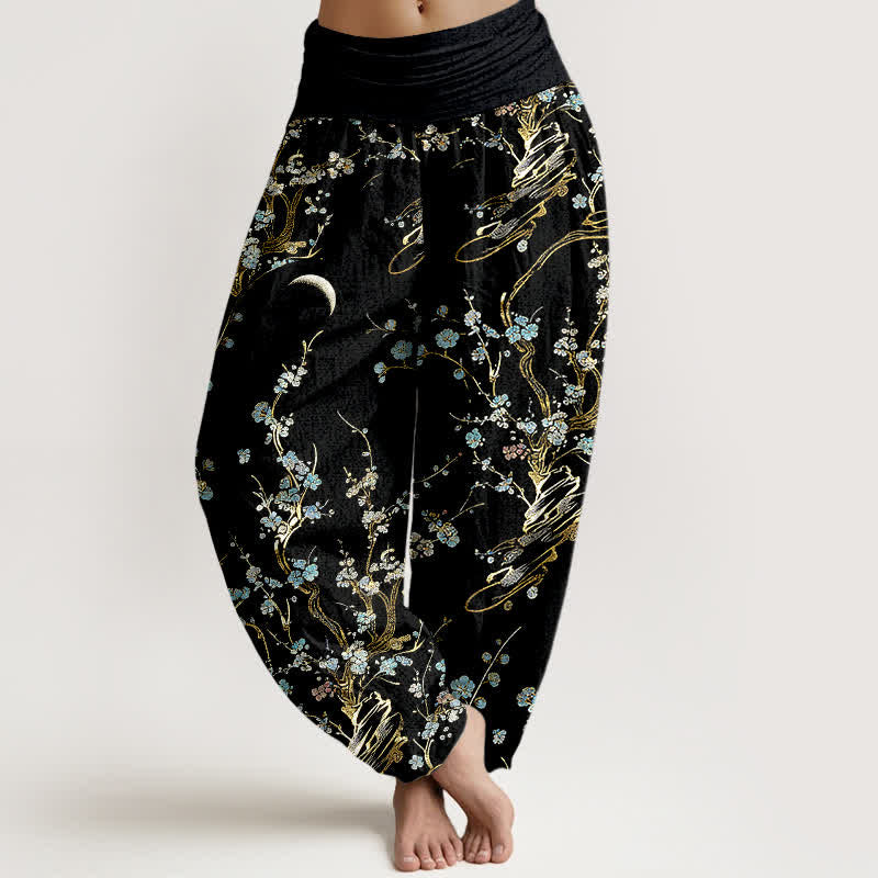 Buddha Stones Pantaloni harem da donna in puro cotone con elastico in vita e stampa di rami di pruno in fiore. - Nero - US16, UK/AU20, EU48 (3XL) - image 0