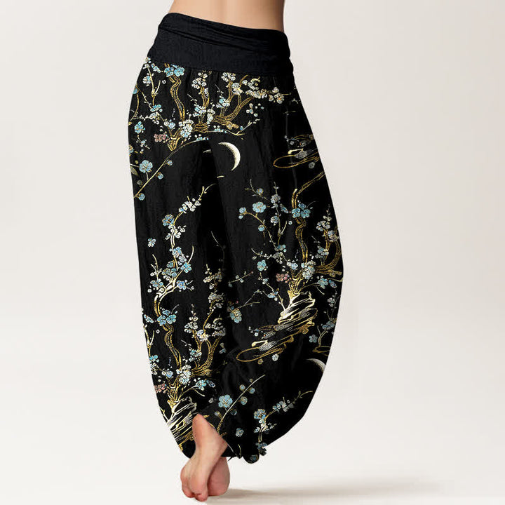 Buddha Stones Pantaloni harem da donna in puro cotone con elastico in vita e stampa di rami di pruno in fiore. - image 1