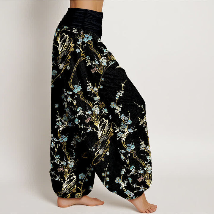 Buddha Stones Pantaloni harem da donna in puro cotone con elastico in vita e stampa di rami di pruno in fiore. - image 2