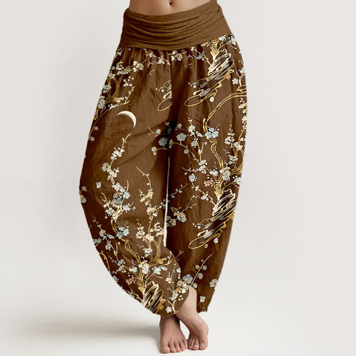 Buddha Stones Pantaloni harem da donna in puro cotone con elastico in vita e stampa di rami di pruno in fiore. - Grigio ardesia scuro - US16, UK/AU20, EU48 (3XL) - image 5
