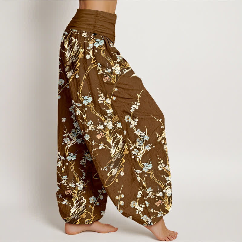 Buddha Stones Pantaloni harem da donna in puro cotone con elastico in vita e stampa di rami di pruno in fiore. - image 7