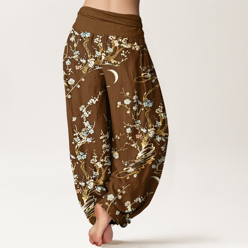 Buddha Stones Pantaloni harem da donna in puro cotone con elastico in vita e stampa di rami di pruno in fiore. - image 6