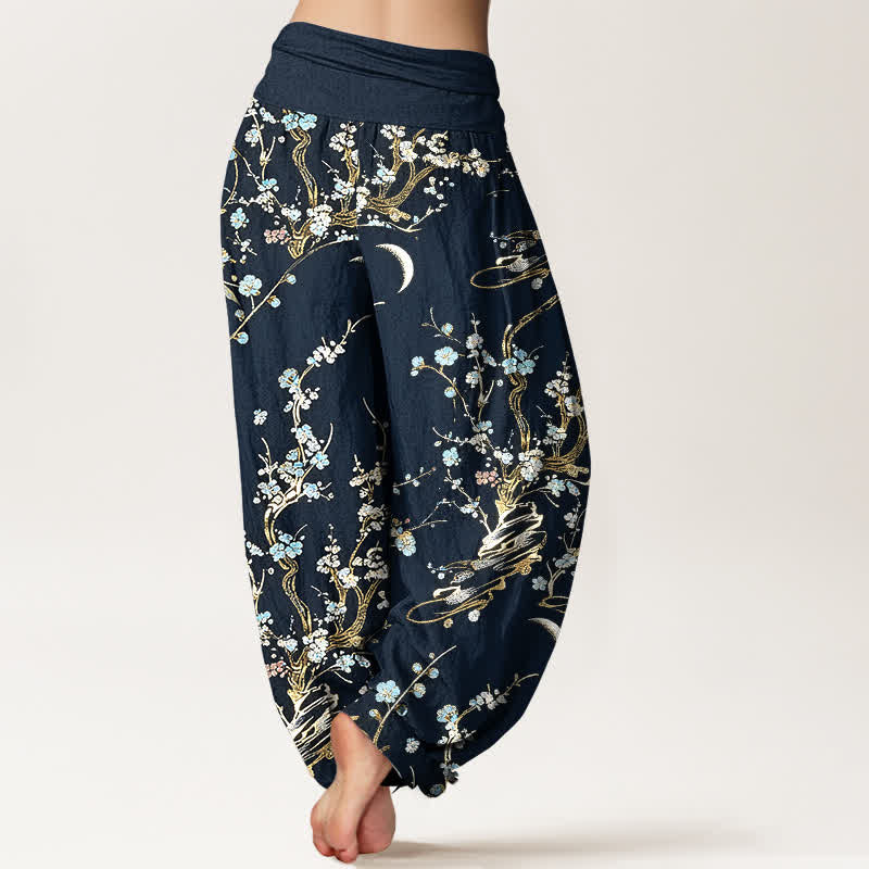 Buddha Stones Pantaloni harem da donna in puro cotone con elastico in vita e stampa di rami di pruno in fiore. - image 9