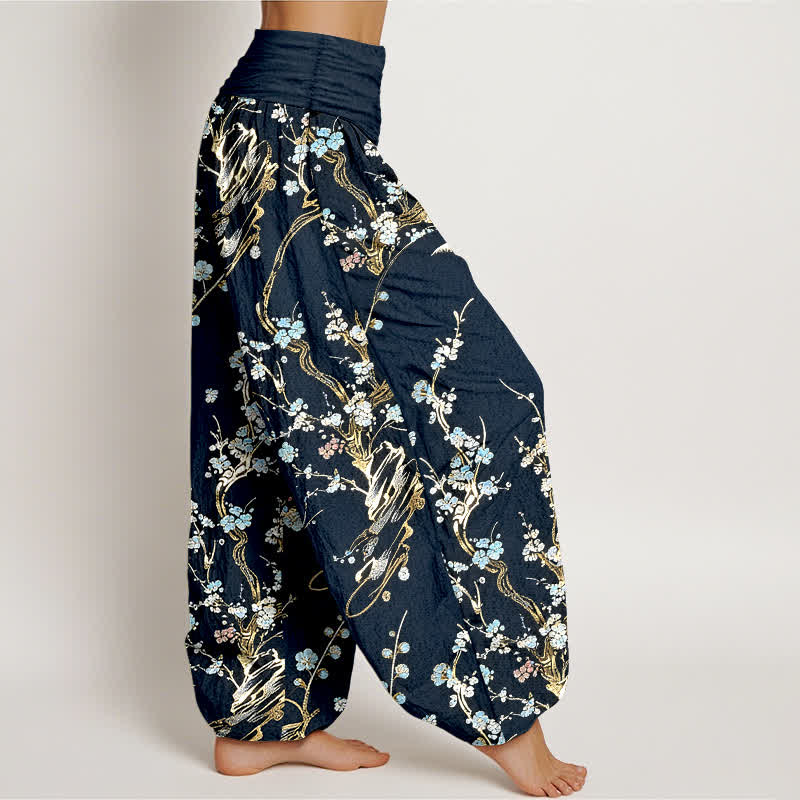 Buddha Stones Pantaloni harem da donna in puro cotone con elastico in vita e stampa di rami di pruno in fiore. - image 10