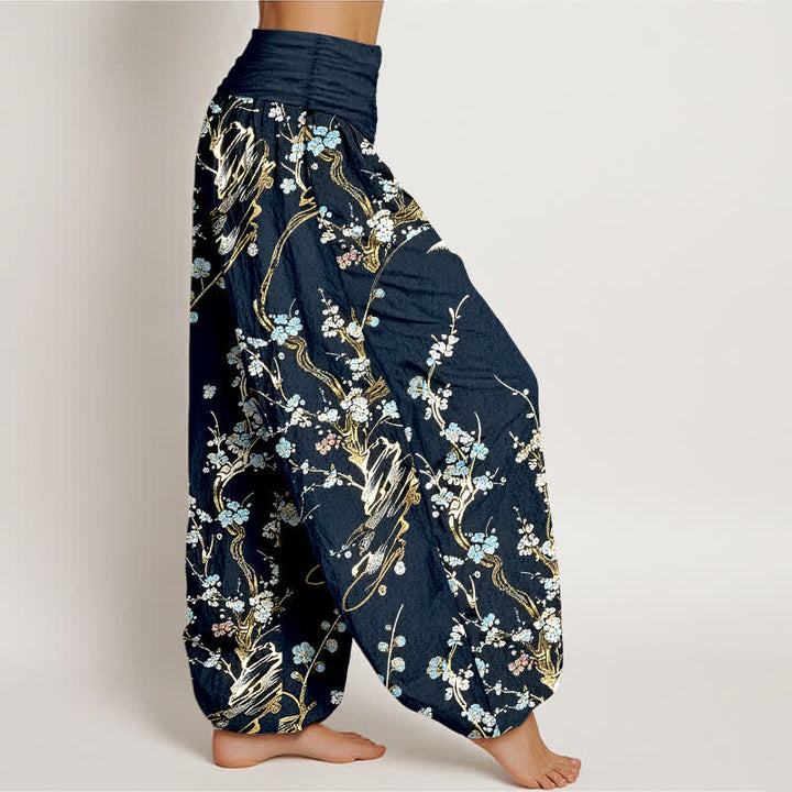 Buddha Stones Pantaloni harem da donna in puro cotone con elastico in vita e stampa di rami di pruno in fiore. - image 10