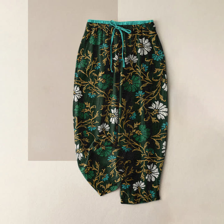 Buddha Stones Pantaloni da donna in cotone con coulisse in vita e tasche, modello Flowersl Vine. - Verde oliva scuro - US16, UK/AU20, EU48 (3XL) - image 0