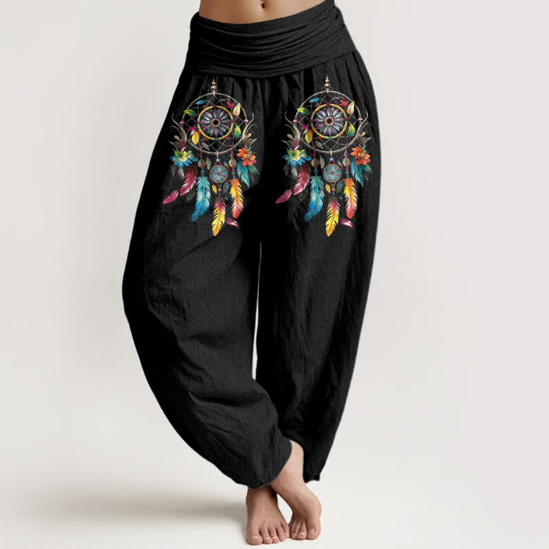 Buddha Stones Pantaloni harem da donna a vita alta in cotone con motivo a doppio acchiappasogni colorato. - Nero - US16, UK/AU20, EU48 (3XL) - image 0