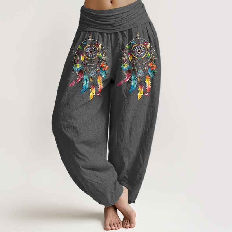 Buddha Stones Pantaloni harem da donna a vita alta in cotone con motivo a doppio acchiappasogni colorato. - Grigio tenue - US16, UK/AU20, EU48 (3XL) - image 8