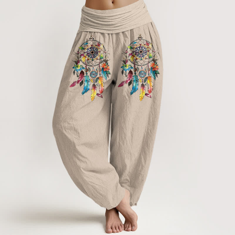 Buddha Stones Pantaloni harem da donna a vita alta in cotone con motivo a doppio acchiappasogni colorato. - Tan - US16, UK/AU20, EU48 (3XL) - image 11