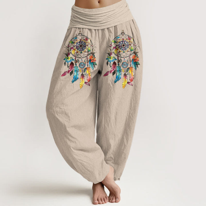 Buddha Stones Pantaloni harem da donna a vita alta in cotone con motivo a doppio acchiappasogni colorato. - Tan - US16, UK/AU20, EU48 (3XL) - image 11