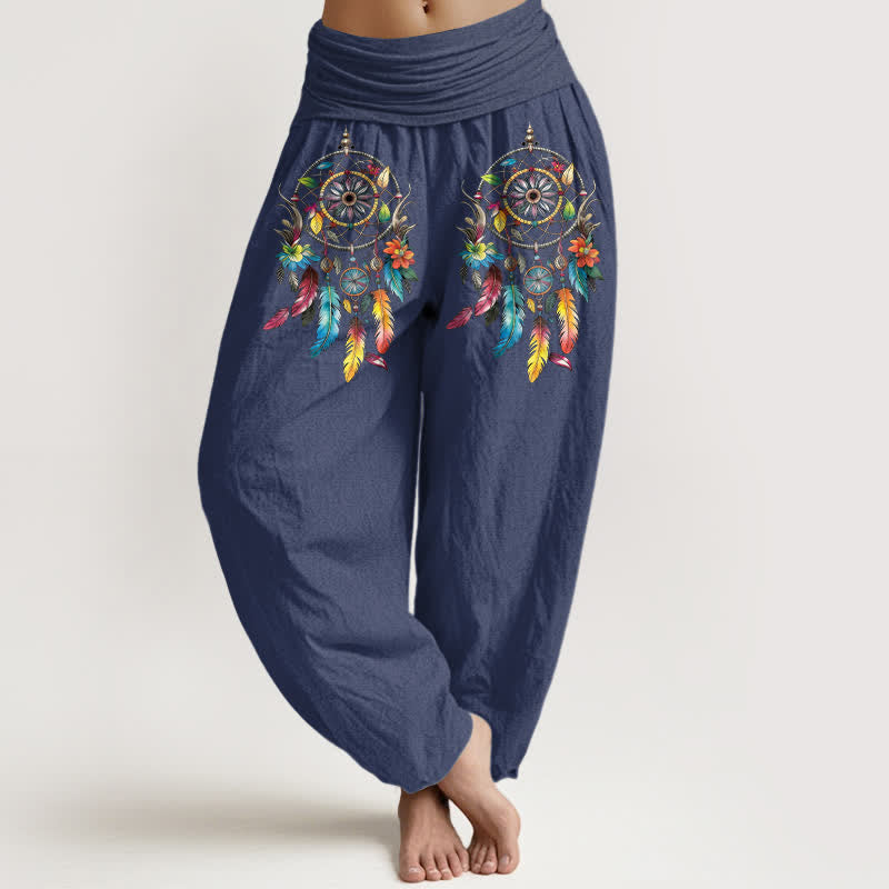 Buddha Stones Pantaloni harem da donna a vita alta in cotone con motivo a doppio acchiappasogni colorato. - Blu ardesia scuro - US16, UK/AU20, EU48 (3XL) - image 5