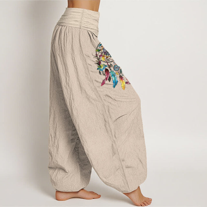 Buddha Stones Pantaloni harem da donna a vita alta in cotone con motivo a doppio acchiappasogni colorato. - image 13