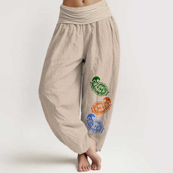 Buddha Stones Pantaloni harem da donna a vita alta in puro cotone con stampa paisley colorata. - Tan - US16, UK/AU20, EU48 (3XL) - image 0