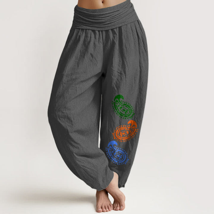 Buddha Stones Pantaloni harem da donna a vita alta in puro cotone con stampa paisley colorata. - Grigio tenue - US16, UK/AU20, EU48 (3XL) - image 11