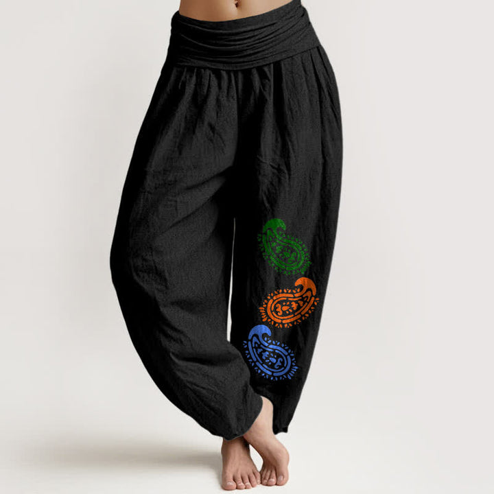 Buddha Stones Pantaloni harem da donna a vita alta in puro cotone con stampa paisley colorata. - Nero - US16, UK/AU20, EU48 (3XL) - image 5