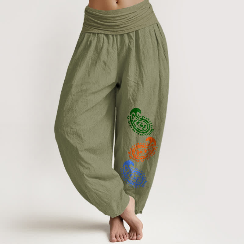 Buddha Stones Pantaloni harem da donna a vita alta in puro cotone con stampa paisley colorata. - Verde oliva - US16, UK/AU20, EU48 (3XL) - image 14
