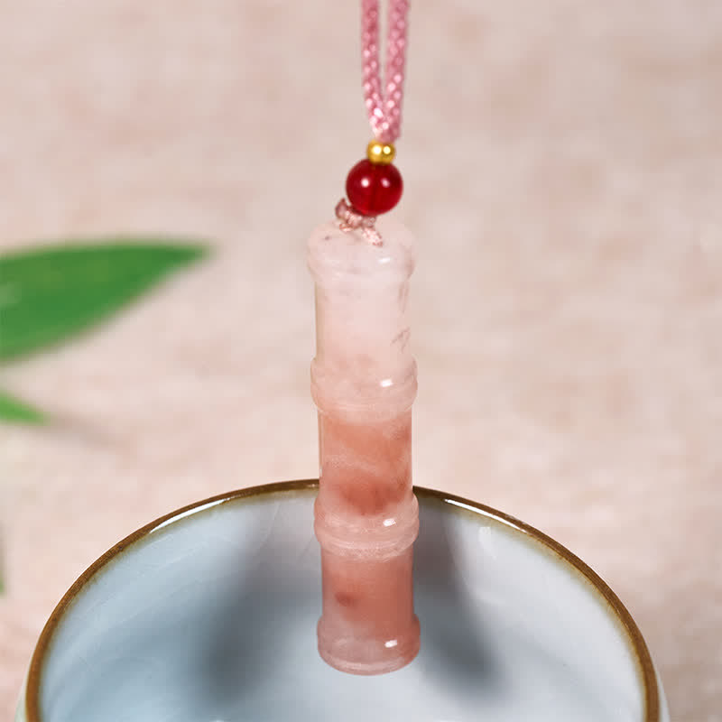 Buddha Stones Collana con ciondolo protettivo in quarzite rosa naturale e giada, realizzata con bambù intagliato. - image 3