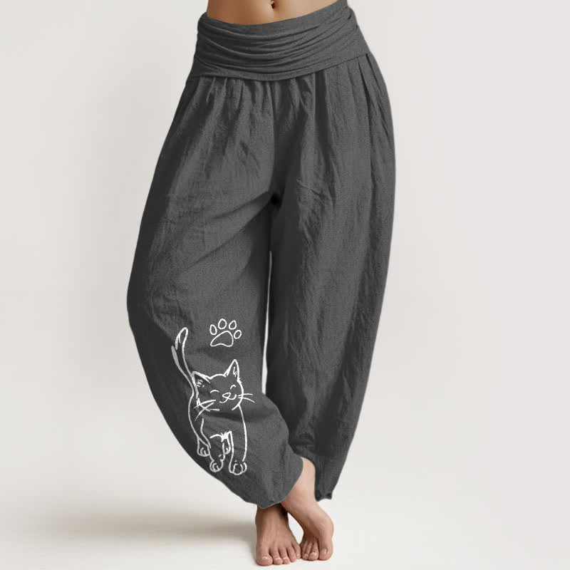 Buddha Stones Pantaloni harem da donna in puro cotone con stampa di gattini e elastico in vita. - Grigio tenue - US16, UK/AU20, EU48 (3XL) - image 0
