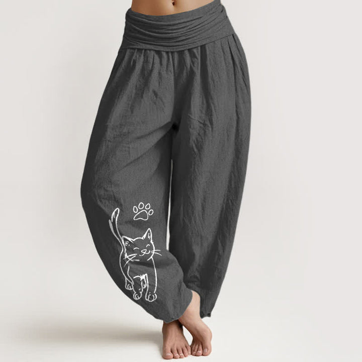 Buddha Stones Pantaloni harem da donna in puro cotone con stampa di gattini e elastico in vita. - Grigio tenue - US16, UK/AU20, EU48 (3XL) - image 0
