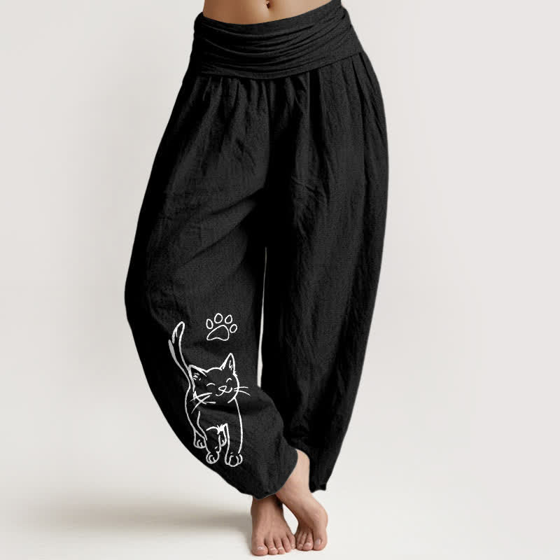 Buddha Stones Pantaloni harem da donna in puro cotone con stampa di gattini e elastico in vita. - Nero - US16, UK/AU20, EU48 (3XL) - image 5