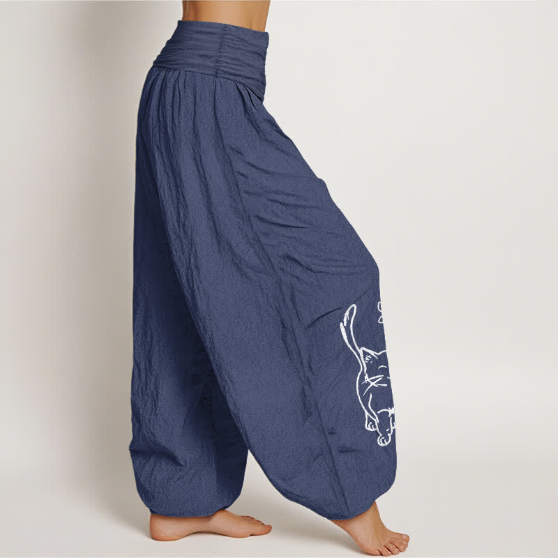 Buddha Stones Pantaloni harem da donna in puro cotone con stampa di gattini e elastico in vita. - image 10