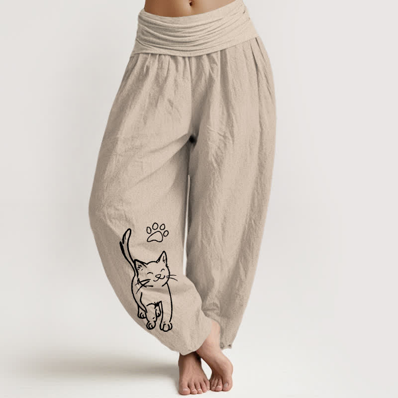 Buddha Stones Pantaloni harem da donna in puro cotone con stampa di gattini e elastico in vita. - Tan - US16, UK/AU20, EU48 (3XL) - image 11