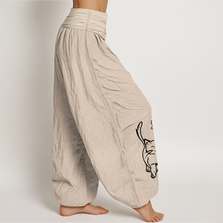 Buddha Stones Pantaloni harem da donna in puro cotone con stampa di gattini e elastico in vita. - image 13