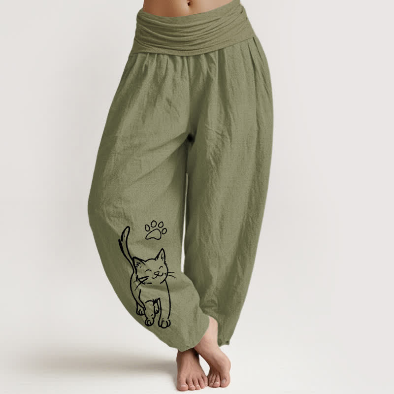 Buddha Stones Pantaloni harem da donna in puro cotone con stampa di gattini e elastico in vita. - Verde oliva - US16, UK/AU20, EU48 (3XL) - image 14