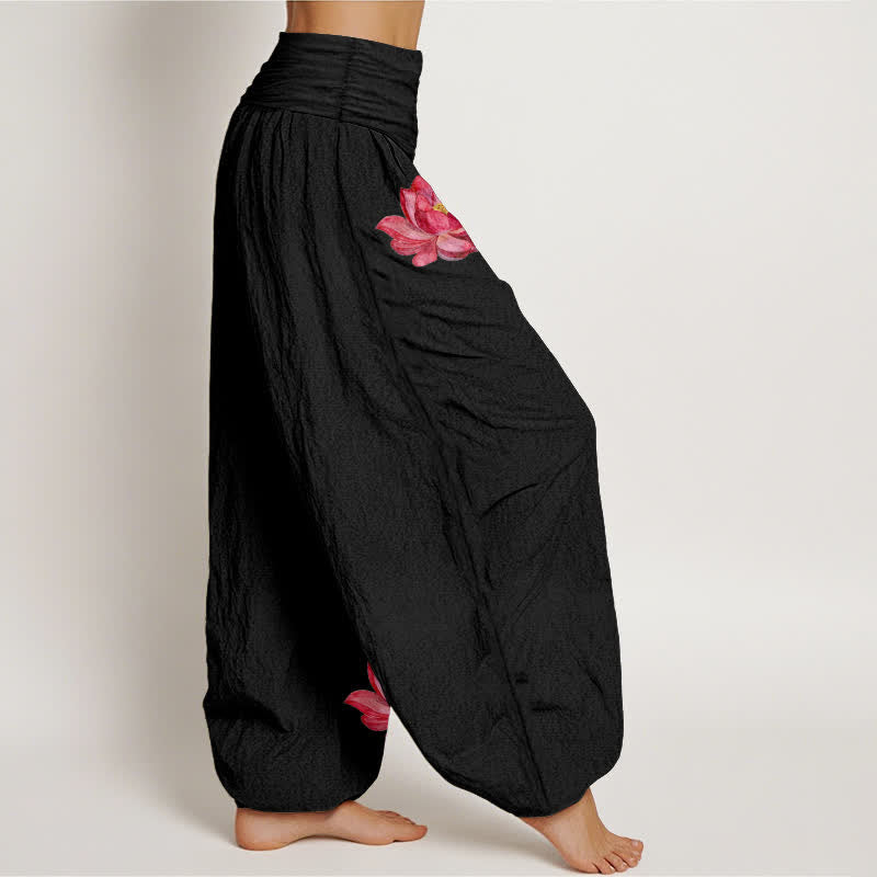 Buddha Stones Pantaloni harem da donna in puro cotone con stampa loto rosa e vita alta elasticizzata. - image 2