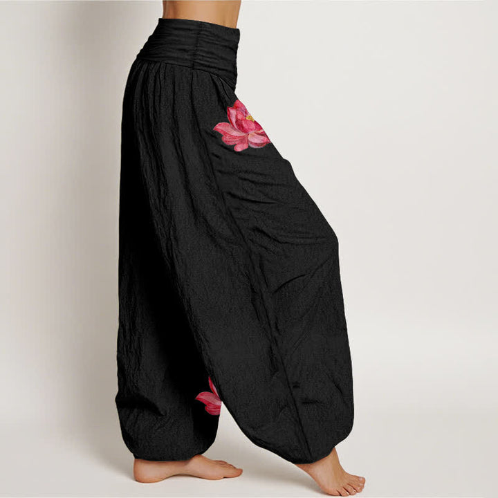 Buddha Stones Pantaloni harem da donna in puro cotone con stampa loto rosa e vita alta elasticizzata. - image 2