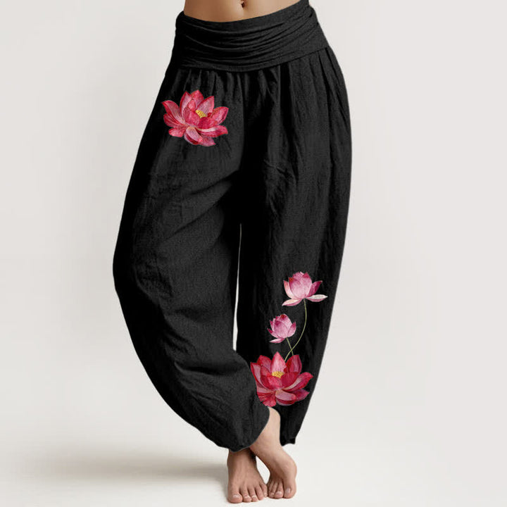 Buddha Stones Pantaloni harem da donna in puro cotone con stampa loto rosa e vita alta elasticizzata. - Nero - US16, UK/AU20, EU48 (3XL) - image 0