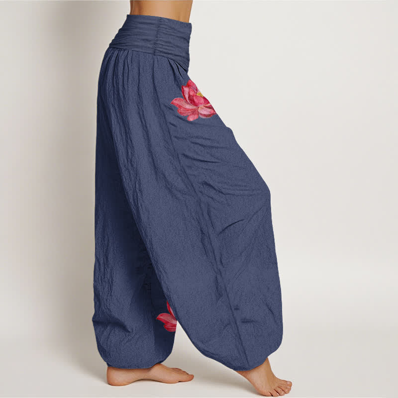 Buddha Stones Pantaloni harem da donna in puro cotone con stampa loto rosa e vita alta elasticizzata. - image 7