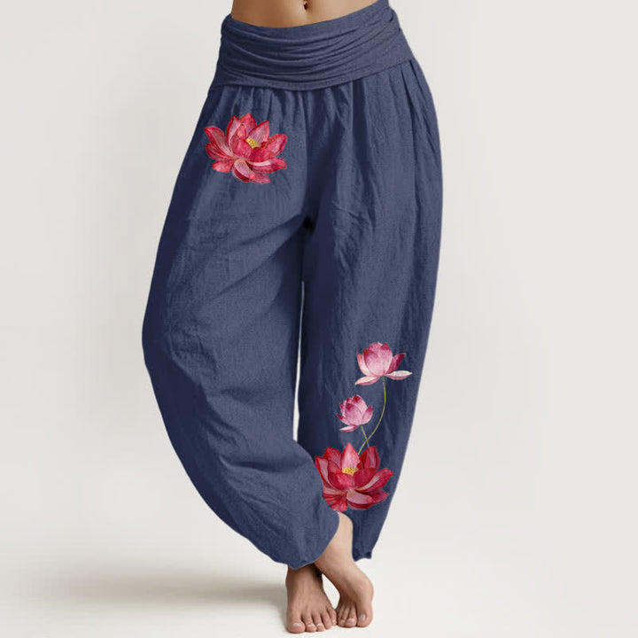 Buddha Stones Pantaloni harem da donna in puro cotone con stampa loto rosa e vita alta elasticizzata. - Blu ardesia scuro - US16, UK/AU20, EU48 (3XL) - image 5