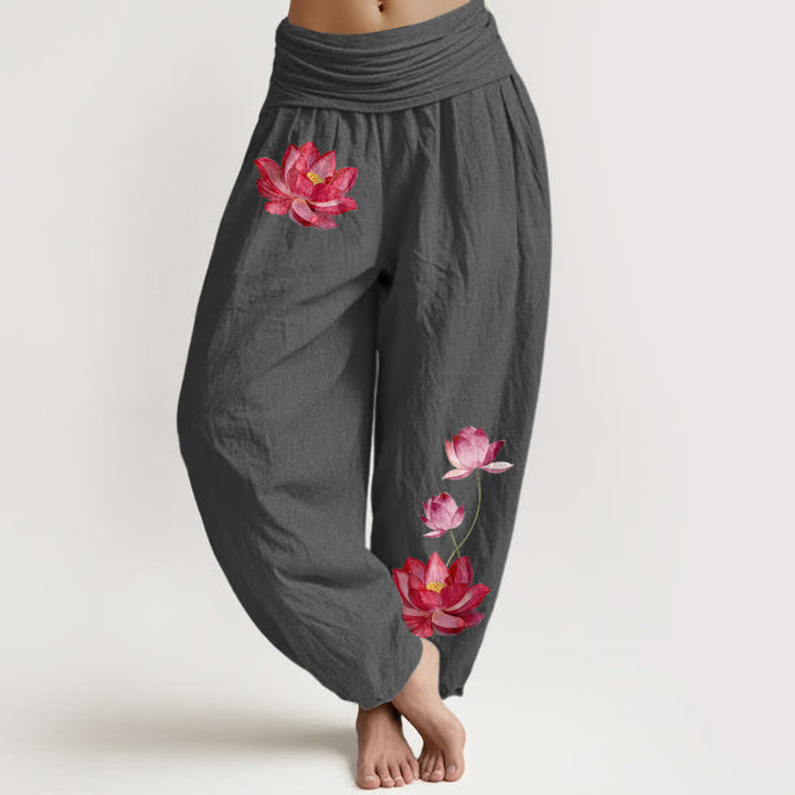 Buddha Stones Pantaloni harem da donna in puro cotone con stampa loto rosa e vita alta elasticizzata. - Grigio tenue - US16, UK/AU20, EU48 (3XL) - image 8