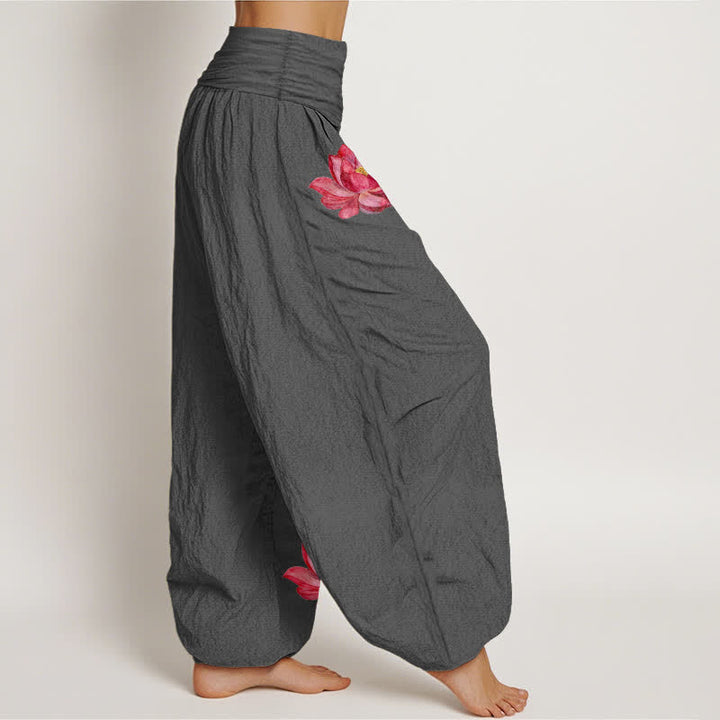 Buddha Stones Pantaloni harem da donna in puro cotone con stampa loto rosa e vita alta elasticizzata. - image 10