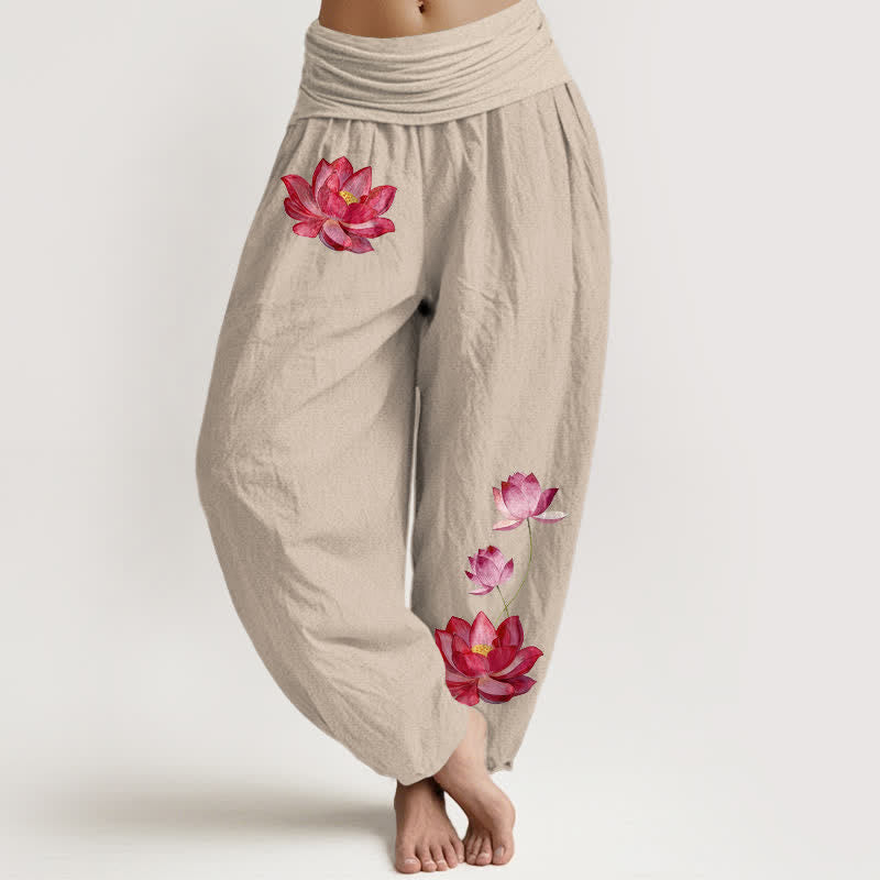 Buddha Stones Pantaloni harem da donna in puro cotone con stampa loto rosa e vita alta elasticizzata. - Tan - US16, UK/AU20, EU48 (3XL) - image 11