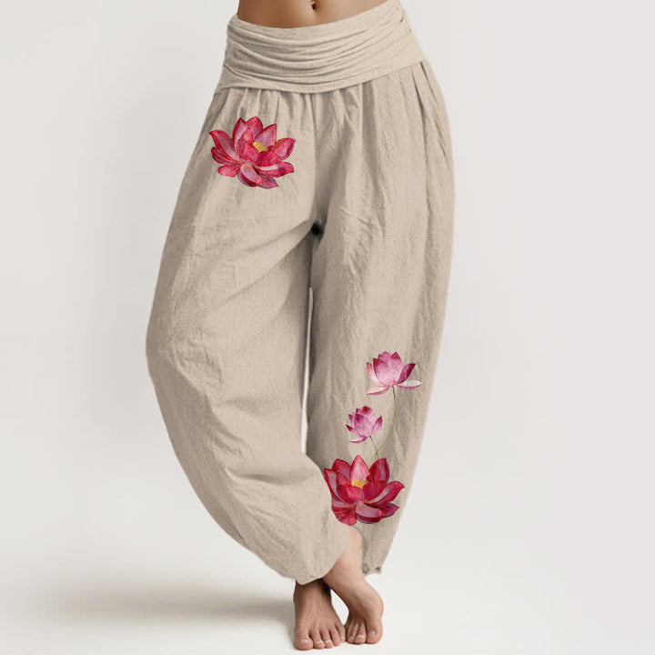 Buddha Stones Pantaloni harem da donna in puro cotone con stampa loto rosa e vita alta elasticizzata. - Tan - US16, UK/AU20, EU48 (3XL) - image 11