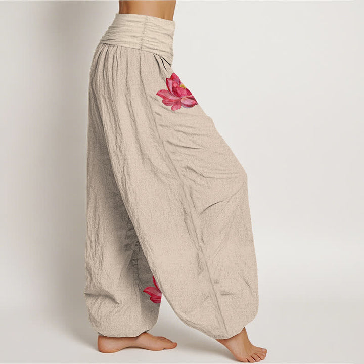 Buddha Stones Pantaloni harem da donna in puro cotone con stampa loto rosa e vita alta elasticizzata. - image 13