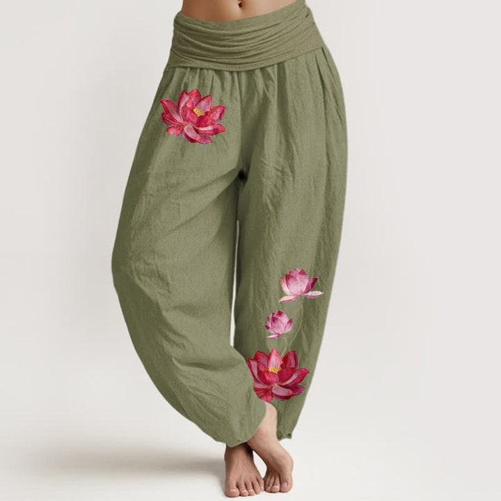 Buddha Stones Pantaloni harem da donna in puro cotone con stampa loto rosa e vita alta elasticizzata. - Verde oliva - US16, UK/AU20, EU48 (3XL) - image 14