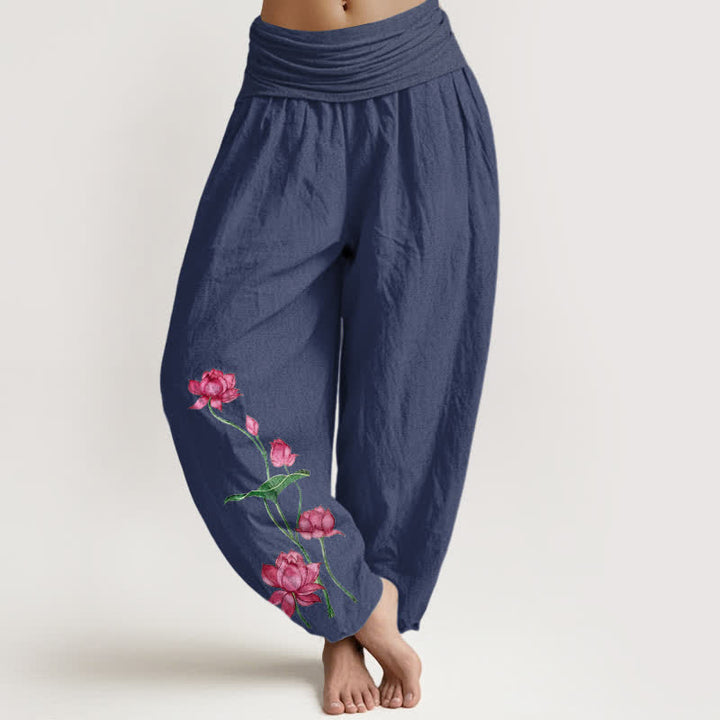 Buddha Stones Pantaloni harem da donna in puro cotone con motivo a fiori e foglie di loto e elastico in vita. - Blu ardesia scuro - US16, UK/AU20, EU48 (3XL) - image 0