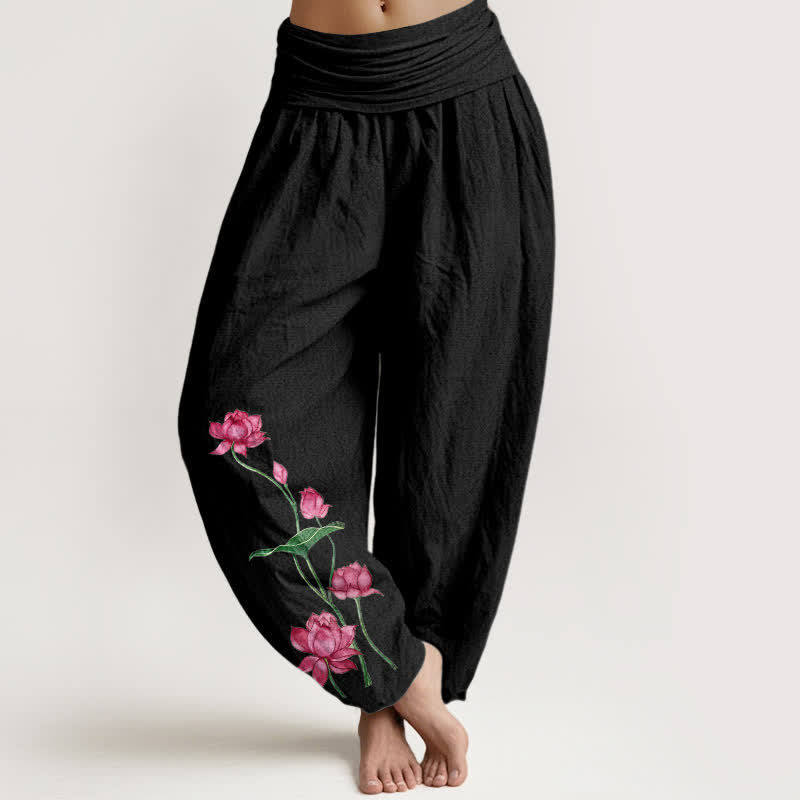 Buddha Stones Pantaloni harem da donna in puro cotone con motivo a fiori e foglie di loto e elastico in vita. - Nero - US16, UK/AU20, EU48 (3XL) - image 5