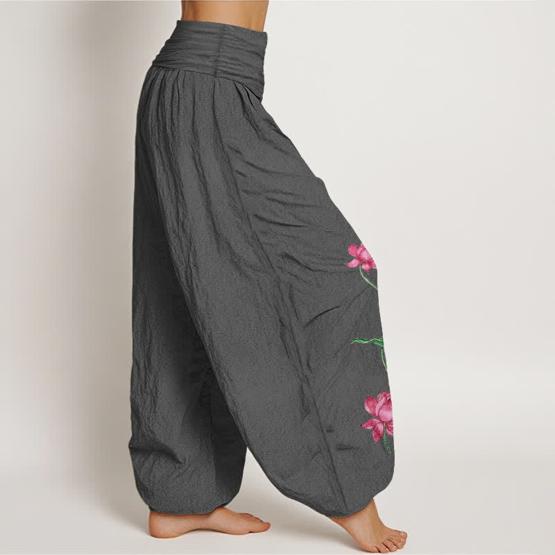 Buddha Stones Pantaloni harem da donna in puro cotone con motivo a fiori e foglie di loto e elastico in vita. - image 10