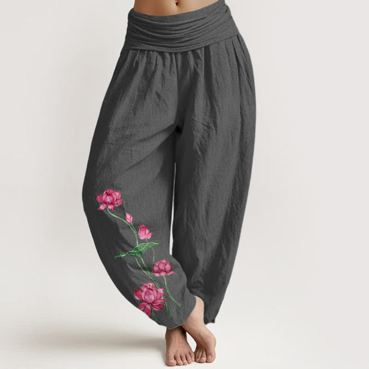 Buddha Stones Pantaloni harem da donna in puro cotone con motivo a fiori e foglie di loto e elastico in vita. - Grigio tenue - US16, UK/AU20, EU48 (3XL) - image 8